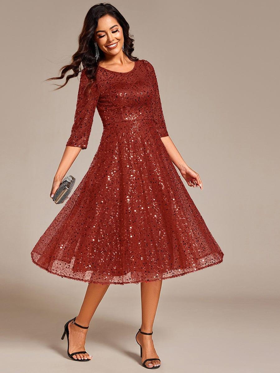 Dazzling Sequin A-Line Midi Evening Dress with Long Sleeves #color_Burnt Orange