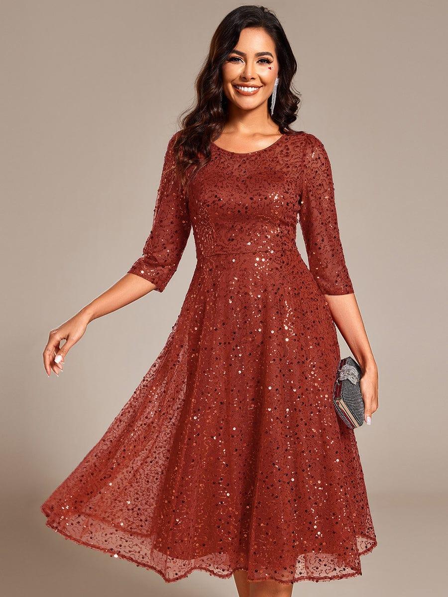 Dazzling Sequin A-Line Midi Evening Dress with Long Sleeves #color_Burnt Orange