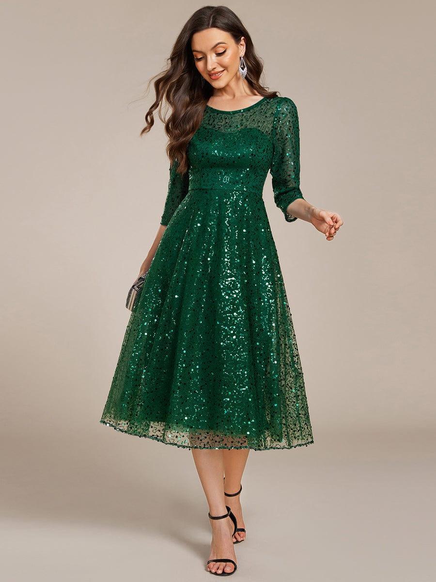 Dazzling Sequin A-Line Midi Evening Dress with Long Sleeves #color_Dark Green