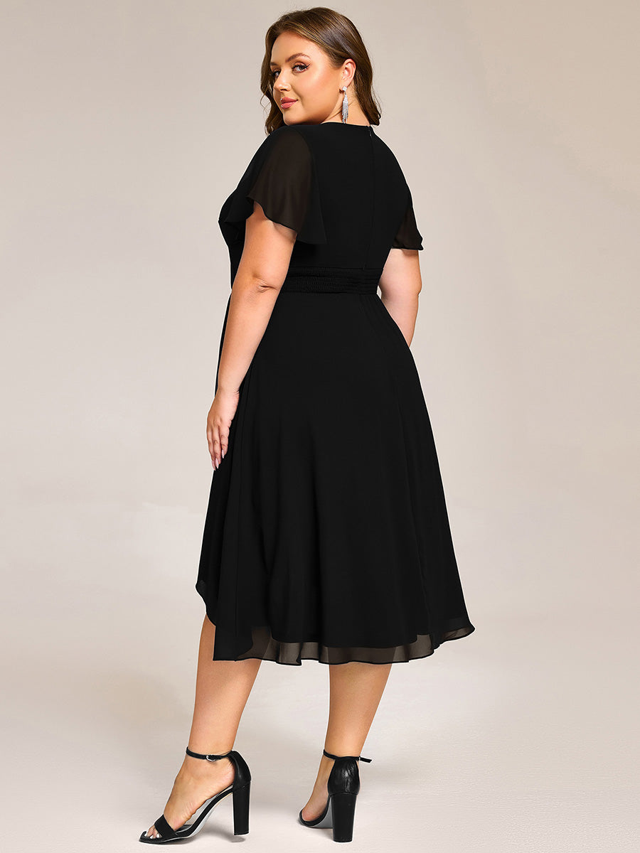 Short Sleeve Ruffled Floral Midi Wedding Guest Dress #color_Black