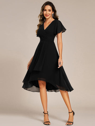 Short Sleeve Ruffled Floral Midi Wedding Guest Dress #color_Black