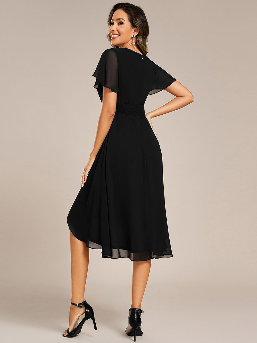 Short Sleeve Ruffled Floral Midi Wedding Guest Dress #color_Black