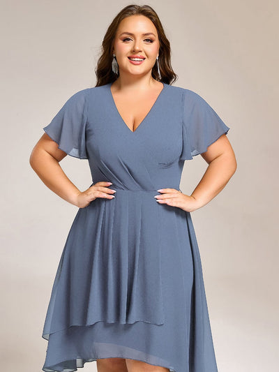 Short Sleeve Ruffled Floral Midi Wedding Guest Dress #color_Dusty Blue