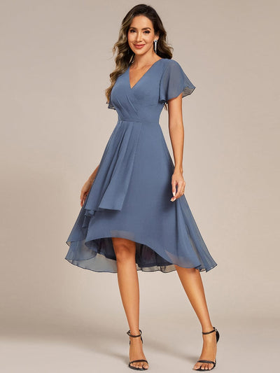 Short Sleeve Ruffled Floral Midi Wedding Guest Dress #color_Dusty Blue