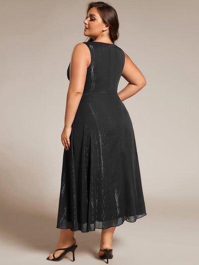 Sleeveless Twist Knot A-Line Lotus Leaf Shimmering Wedding Guest Dress #color_Black