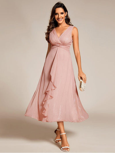 Sleeveless Twist Knot A-Line Lotus Leaf Shimmering Wedding Guest Dress #color_Dusty Rose