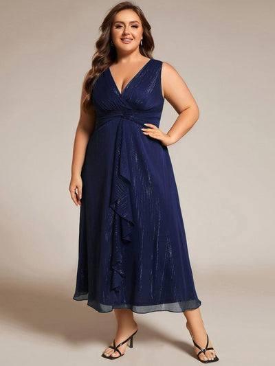 Sleeveless Twist Knot A-Line Lotus Leaf Shimmering Wedding Guest Dress #color_Navy Blue