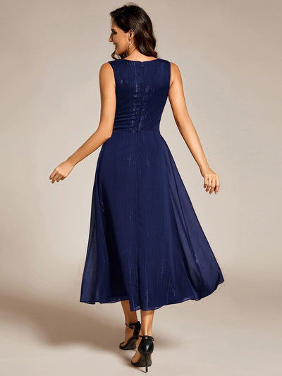 Sleeveless Twist Knot A-Line Lotus Leaf Shimmering Wedding Guest Dress #color_Navy Blue