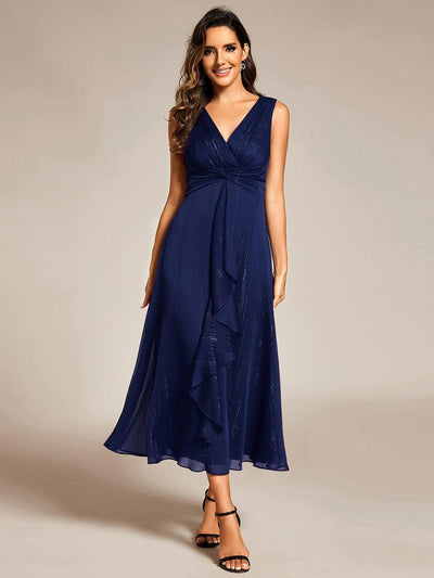Sleeveless Twist Knot A-Line Lotus Leaf Shimmering Wedding Guest Dress #color_Navy Blue