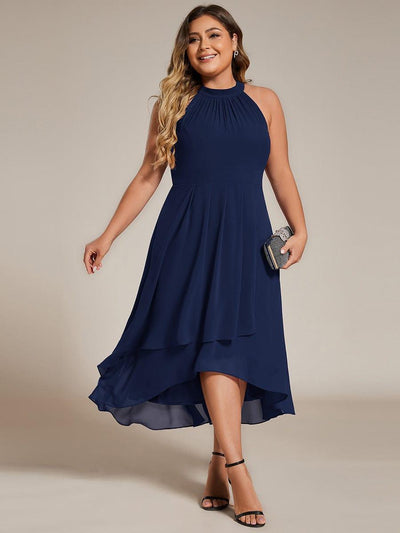 Midi A Line Sleeveless Halter Neck Wedding Guest Dress in Chiffon #color_Navy Blue