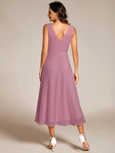 Elegant V-Neck Sleeveless Pleated High-Low Chiffon Wedding Guest Dress #color_Purple Orchid