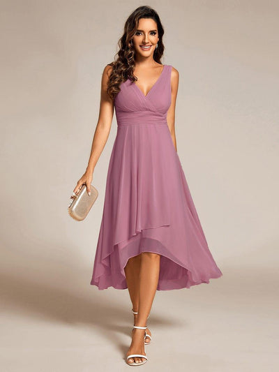 Elegant V-Neck Sleeveless Pleated High-Low Chiffon Wedding Guest Dress #color_Purple Orchid