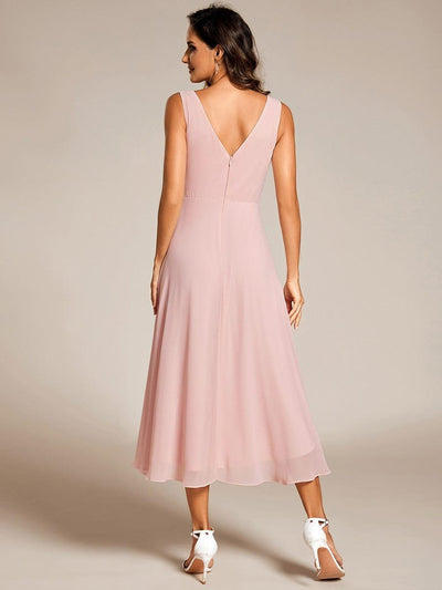 Elegant V-Neck Sleeveless Pleated High-Low Chiffon Wedding Guest Dress #color_Pink