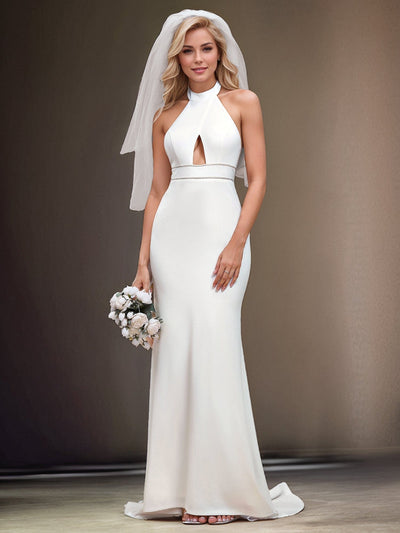 Sleeveless Halter Neck Backless Mermaid Wedding Dress #color_White