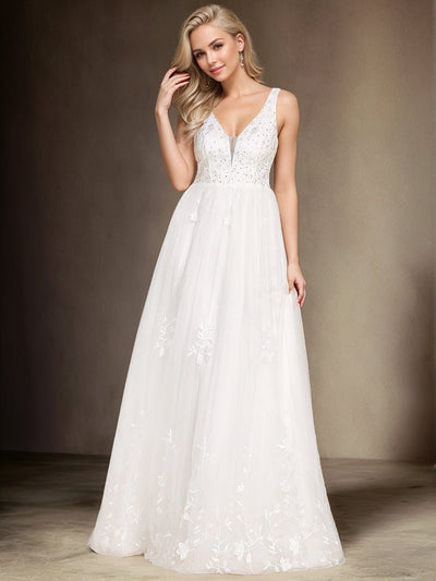 Sleeveless V-Neck A Line Embroidered Wedding Dress #color_White