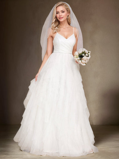 Sparkling V-Neck Spaghetti Straps Tulle Wedding Dress #color_White