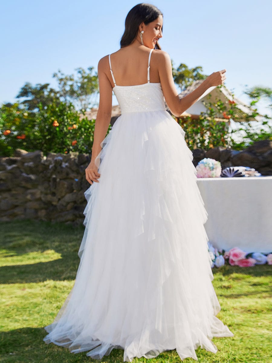 Sparkling V-Neck Spaghetti Straps Tulle Wedding Dress #color_White