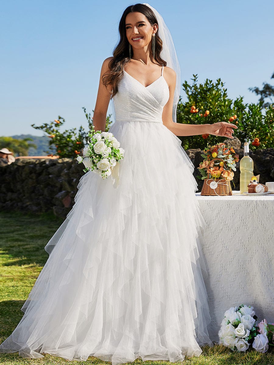 Sparkling V-Neck Spaghetti Straps Tulle Wedding Dress #color_White