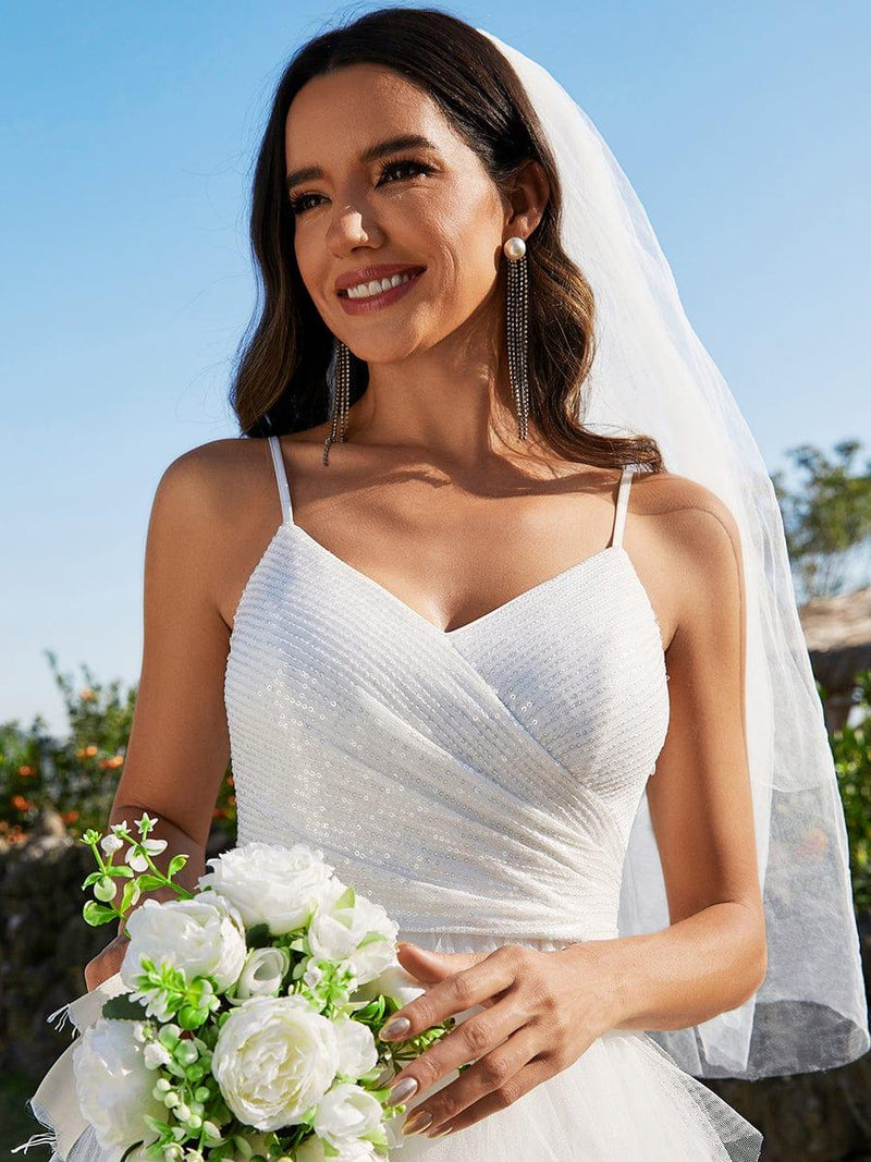 White V Neck Spaghetti-Straps Tulle Tulle Wedding Dress