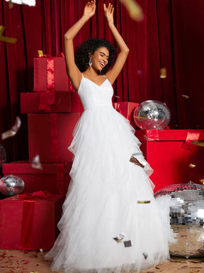 Sparkling V-Neck Spaghetti Straps Tulle Wedding Dress