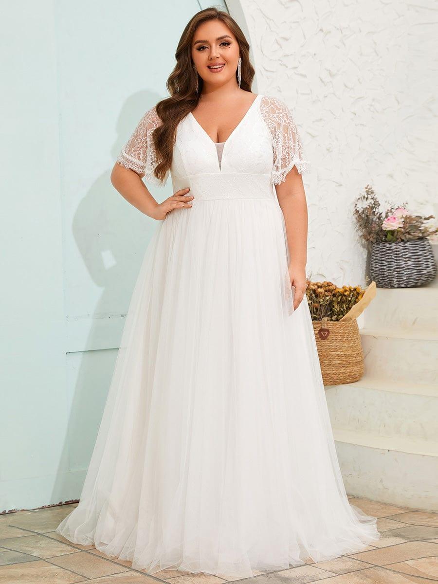 V-Neck Lace Tulle Wedding Dresses with Ruffled Sleeves #color_White
