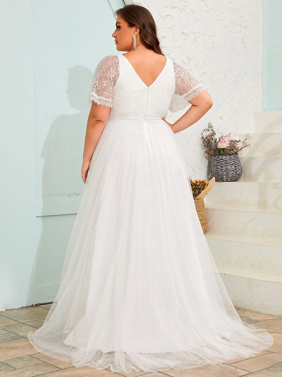 V-Neck Lace Tulle Wedding Dresses with Ruffled Sleeves #color_White