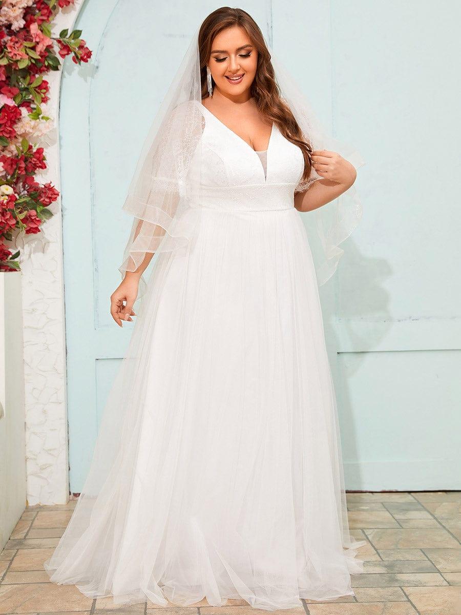 V-Neck Lace Tulle Wedding Dresses with Ruffled Sleeves #color_White