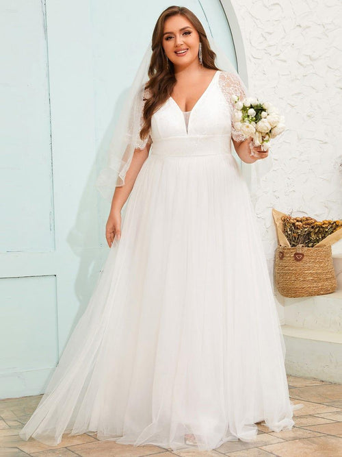 Plus Size V-Neck Lace Tulle Wedding Dress with Delicate Ruffled