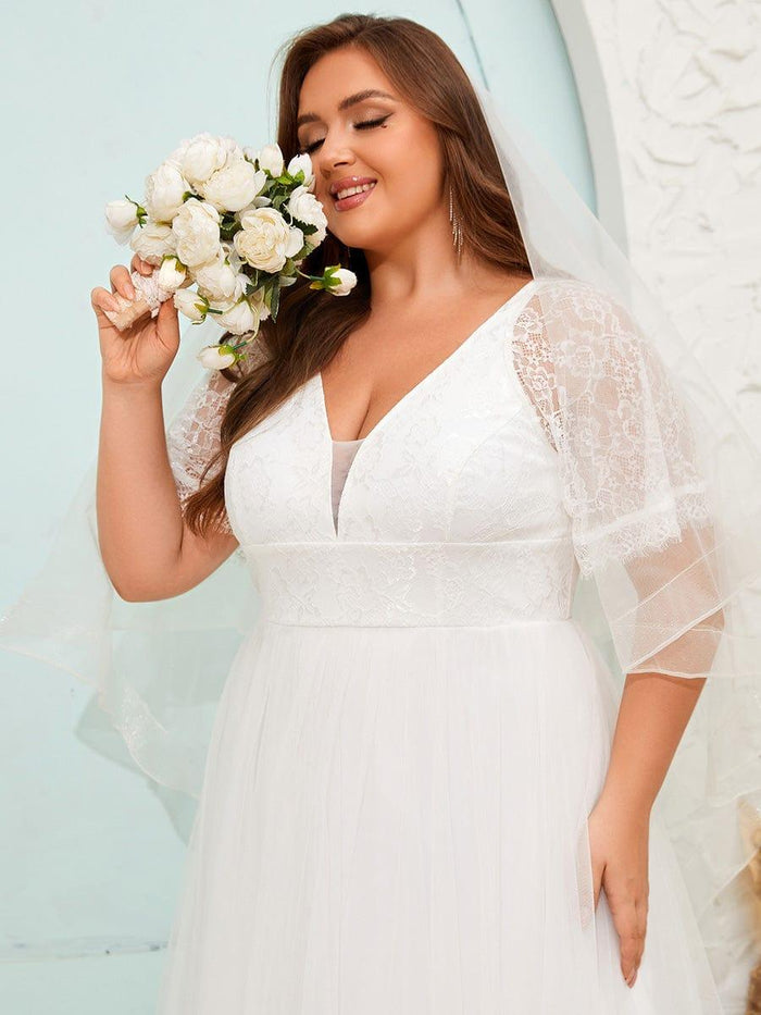 V-Neck Lace Tulle Wedding Dress with Delicate Ruffled Sleeves - Ever ...