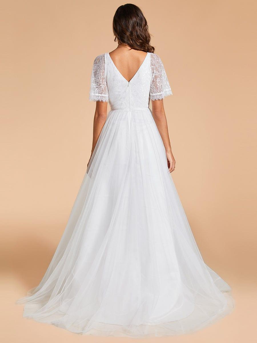 V-Neck Lace Tulle Wedding Dresses with Ruffled Sleeves #color_White