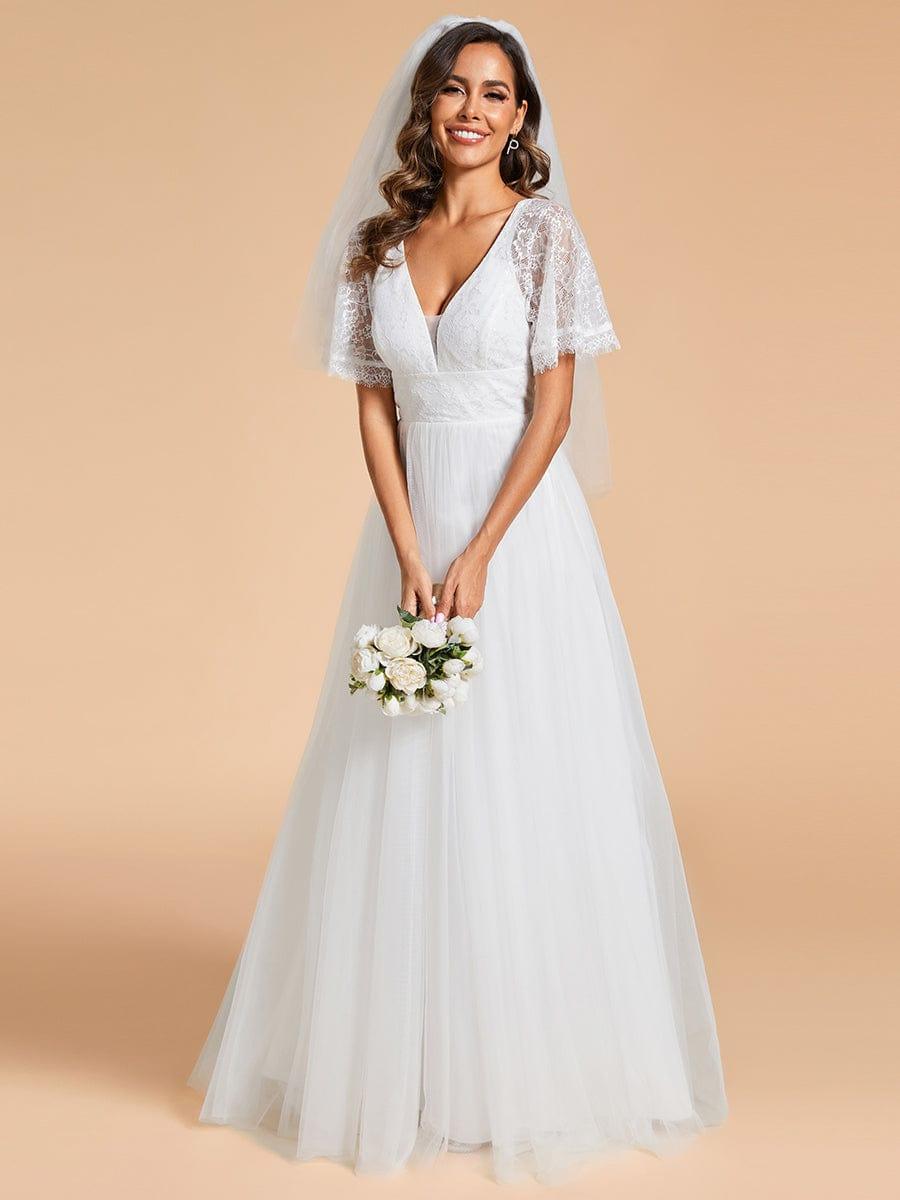 V-Neck Lace Tulle Wedding Dresses with Ruffled Sleeves #color_White