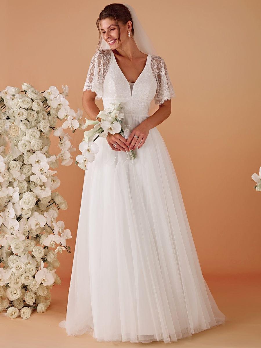 LUSARAS BRIDE V Neck Lace Tulle Wedding Dresses Ruffled Sleeves