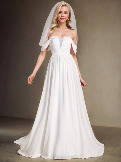 A-Line Chiffon Wedding Dresses featuring Off Shoulder Design #color_White