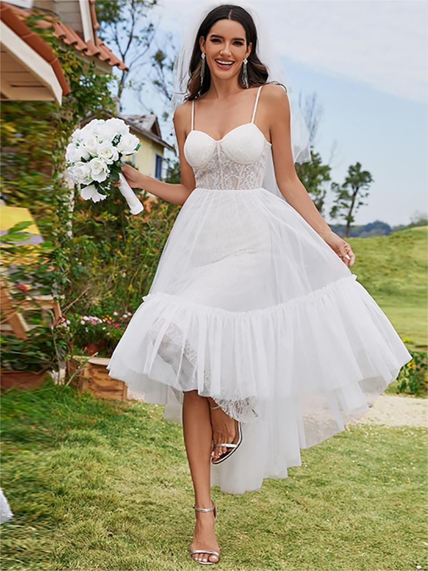 Sweetheart Corset Top High Low Wedding Dress Spaghetti Straps