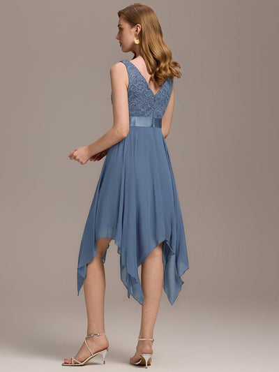 Stunning V Neck Lace Chiffon Bridesmaid Dress #color_Dusty Blue