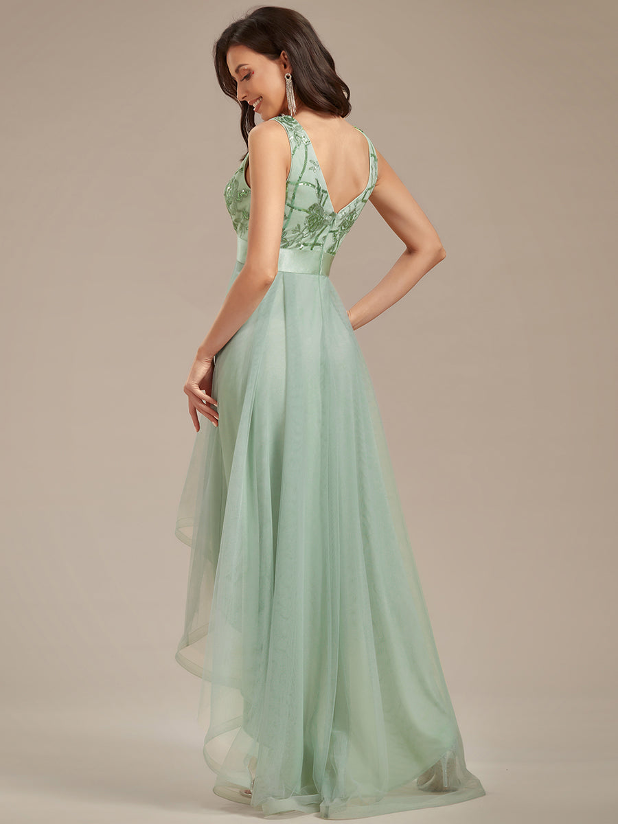Elegant High-Low Deep V Neck Tulle Evening Dresses with Sequins #color_Mint Green