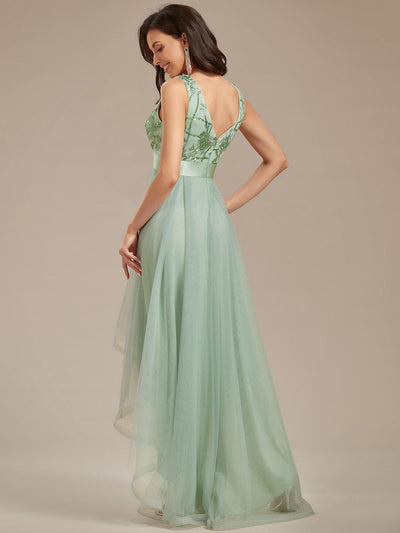 Elegant High-Low Deep V Neck Tulle Evening Dresses with Sequins #color_Mint Green