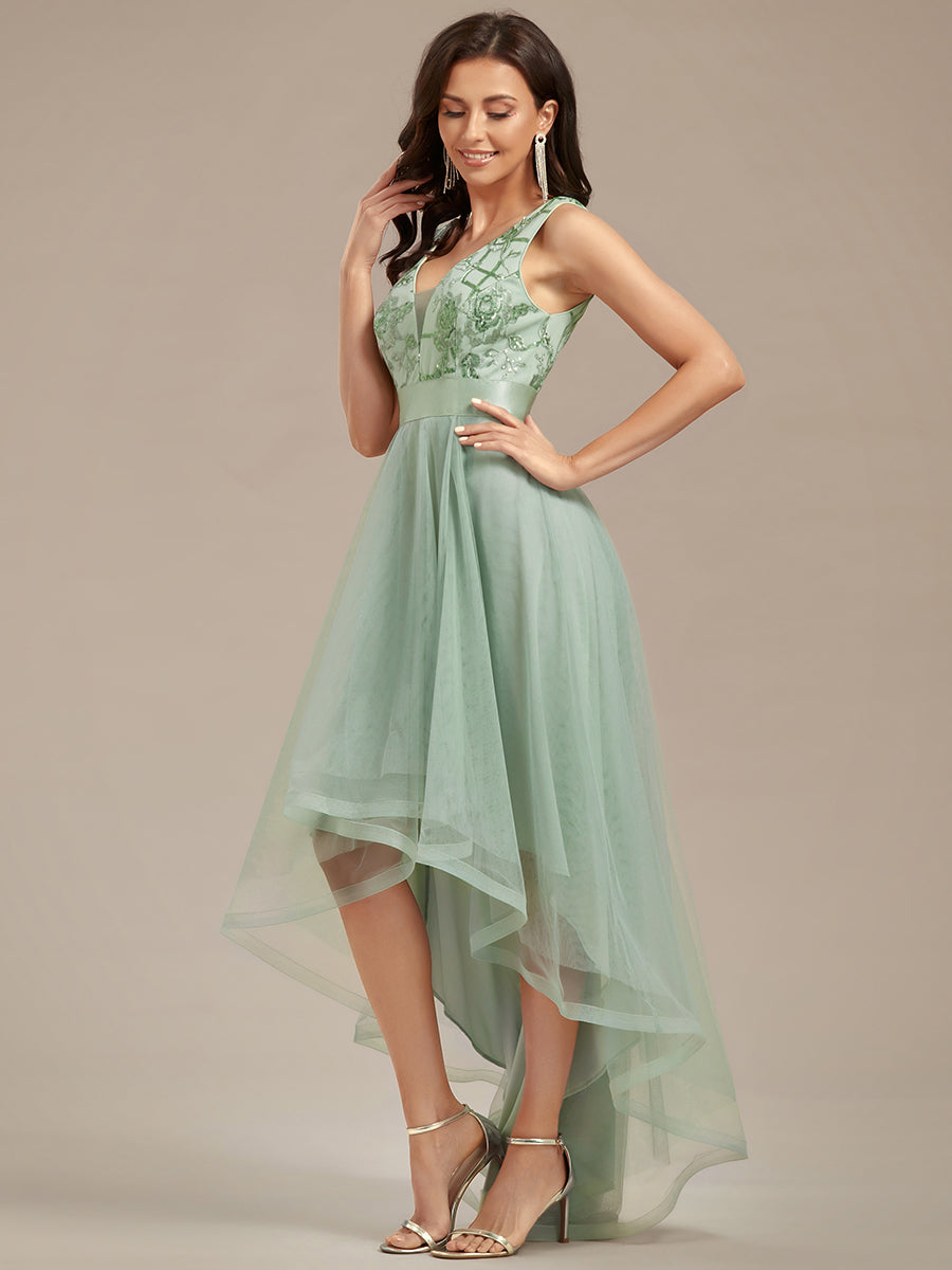 Elegant High-Low Deep V Neck Tulle Evening Dresses with Sequins #color_Mint Green