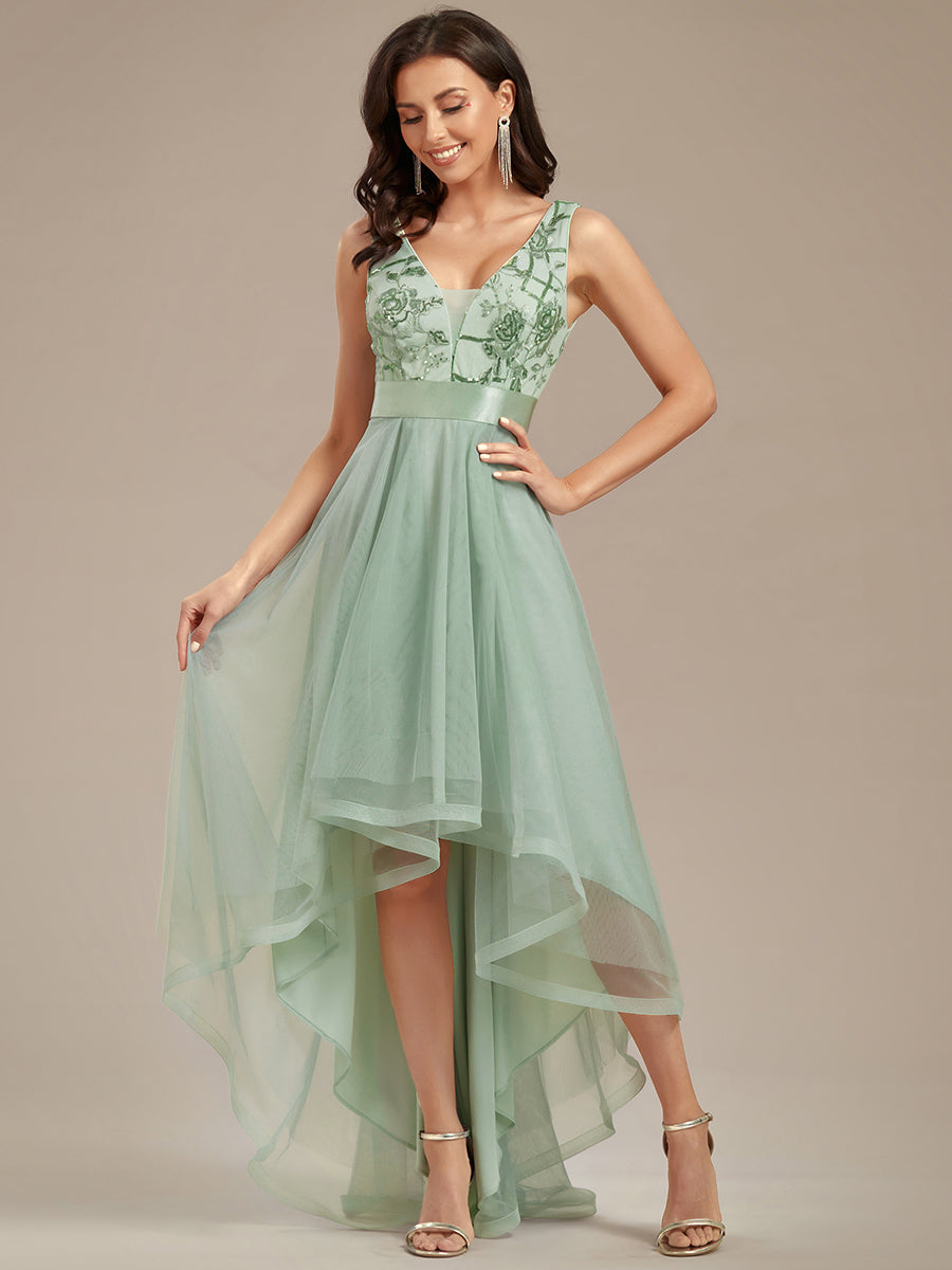 Elegant High-Low Deep V Neck Tulle Evening Dresses with Sequins #color_Mint Green