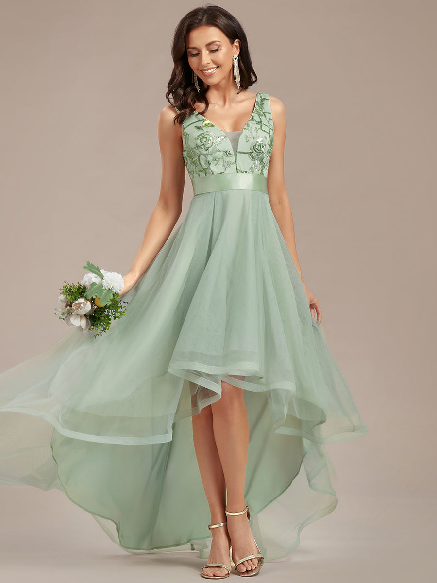 Elegant High-Low Deep V Neck Tulle Evening Dresses with Sequins #color_Mint Green