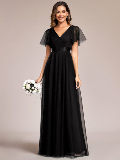 Double V-Neck Tulle Floor-Length Bridesmaid Dress #color_Black