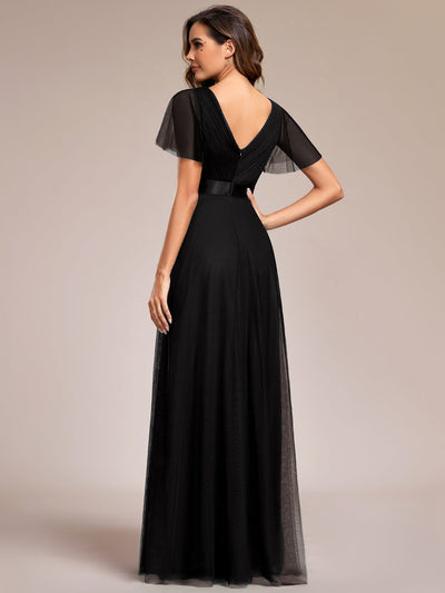 Double V-Neck Tulle Floor-Length Bridesmaid Dress #color_Black
