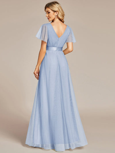 Double V-Neck Tulle Floor-Length Bridesmaid Dress #color_Ice Blue
