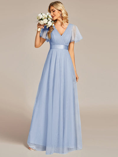 Double V-Neck Tulle Floor-Length Bridesmaid Dress #color_Ice Blue