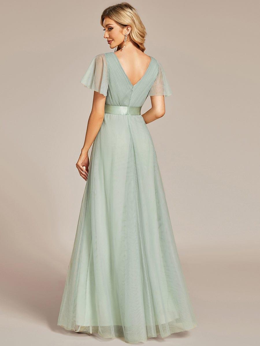 Double V-Neck Tulle Floor-Length Bridesmaid Dress #color_Mint Green