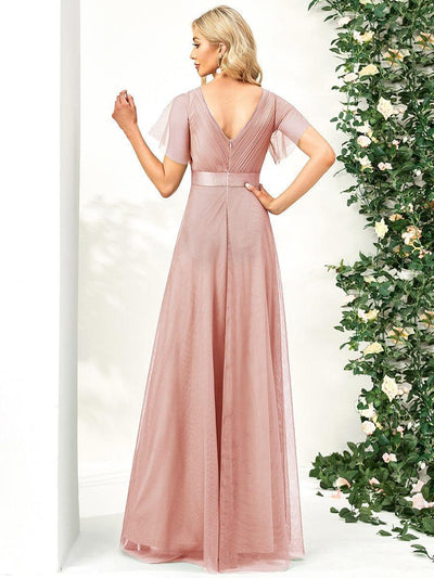 Double V-Neck Tulle Floor-Length Bridesmaid Dress #color_Pink