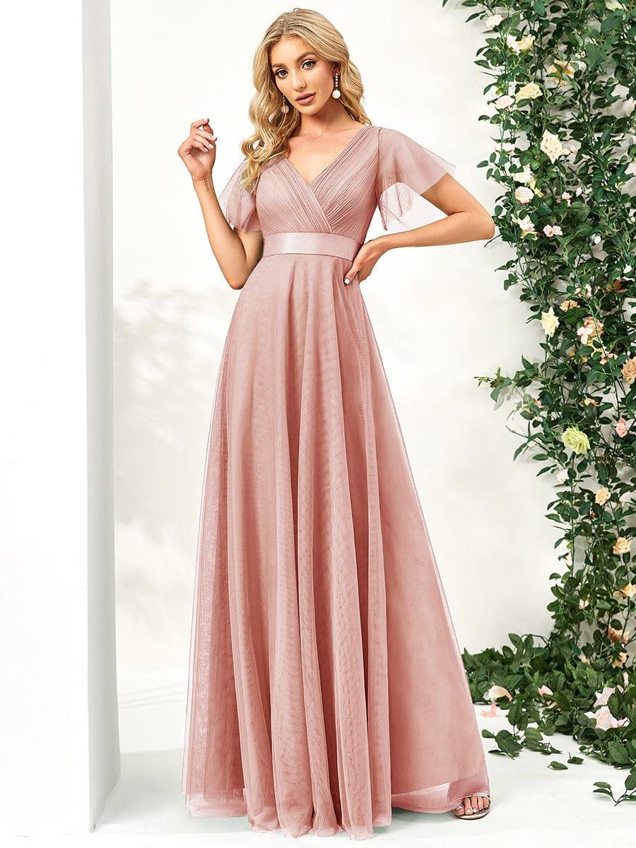 MISTE Double V Neck Floor Length Bridesmaid Dress Short Sleeve