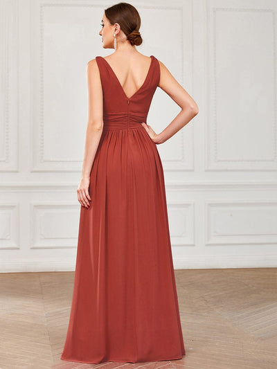 V Neck Sleeveless Pleated Chiffon Maxi Evening Dress #color_Vermilion