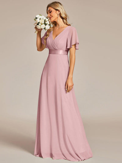 Long Empire Waist Bridesmaid Dress with Short Flutter Sleeves #color_Dusty Rose