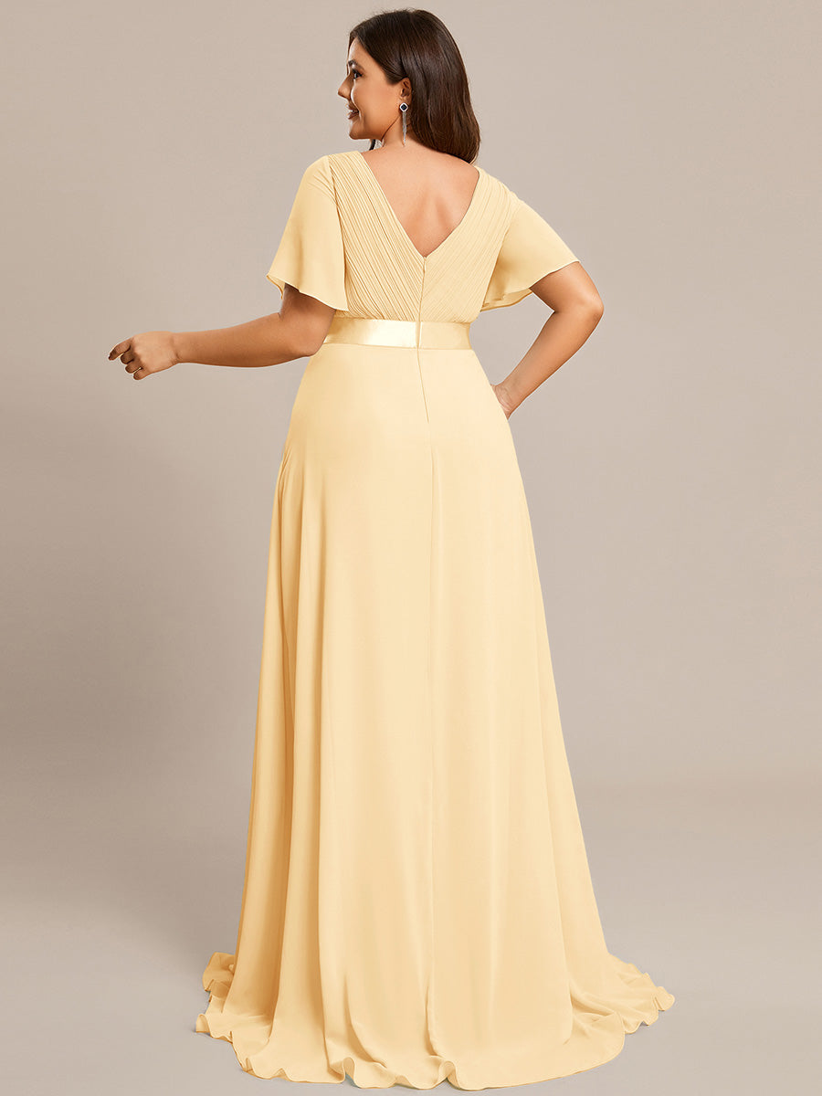 Plus Size Long Empire Waist Bridesmaid Dress with Short Flutter Sleeves #color_Yellow
